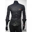 PU-Trim Basic Collar Long Sleeves Slim Men's Shirts,OP45808,black,L