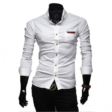 PU-Trim Basic Collar Long Sleeves Slim Men's Shirts,OP45808,white,S