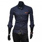 PU-Trim Basic Collar Long Sleeves Slim Men's Shirts,OP45808,navy,M