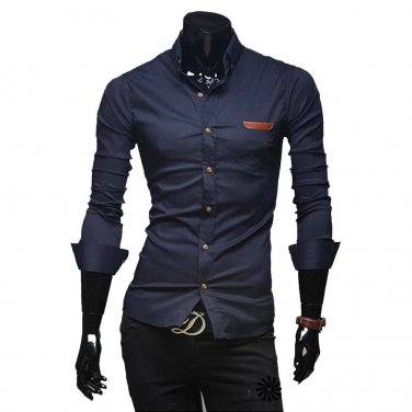 PU-Trim Basic Collar Long Sleeves Slim Men's Shirts,OP45808,navy,M