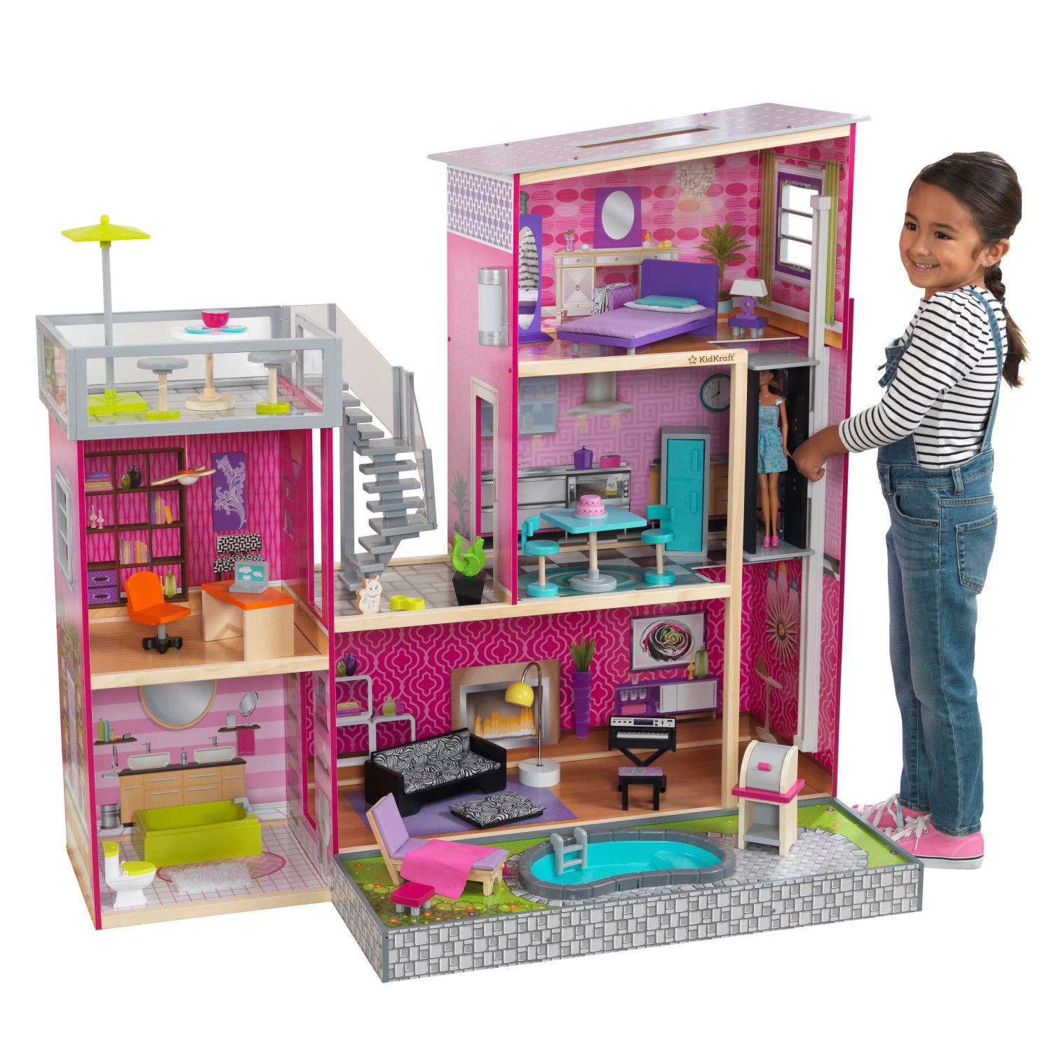 KidKraft Uptown Wooden Dollhouse with Lights & Sounds, Pool and 36 ...