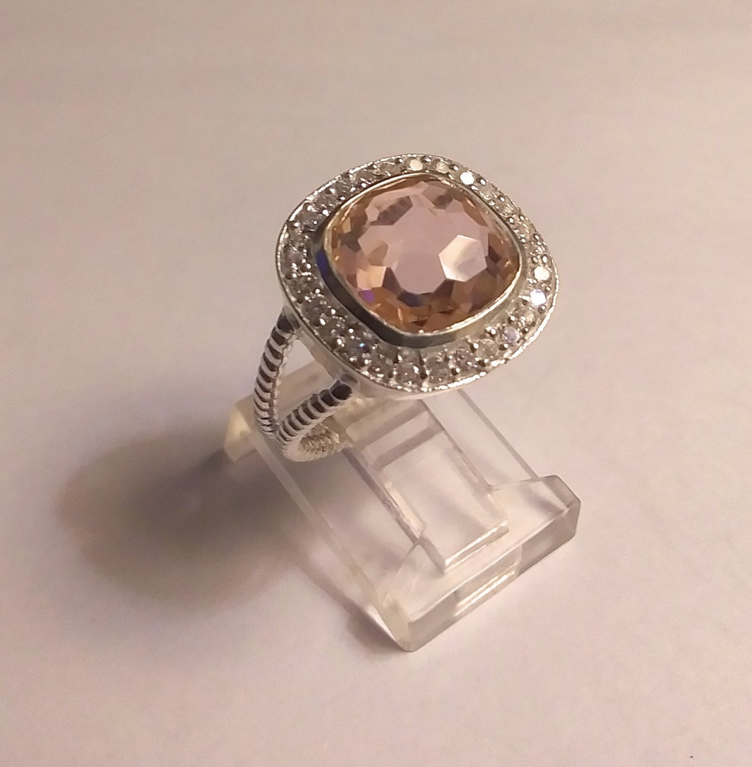 Unique 925 Sterling Silver Pink Morganite White Topaz Ring