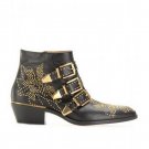 Genuine leather flat studded rivet boots