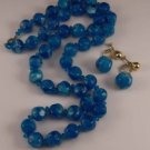 Vintage Lucite Blue Marbled Beaded Necklace and Matching Screw Back Earrings