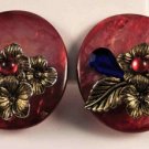 Vintage Lucite Oval Red Moon Glow Clip-On Earrings