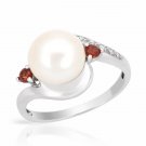 925 Sterling Silver Diamond Ring with Garnet & Freshwater Pearls. Size 7.5