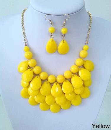 Yellow Bubble Necklace Tear drop + Earrings, Designer Inspired Statement Necklace, Bib Necklace.