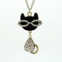Black Cat In Crystal Glasses long chain sweater Necklace.