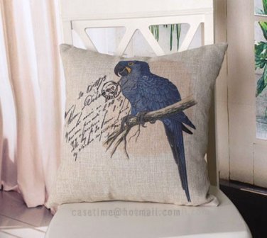 Blue Parrot cotton linen pillowcase-pillow cover - cushion cover - throw pillow cover