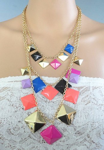 Colorful squares three row layered long necklace