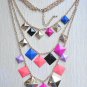Colorful squares three row layered long necklace