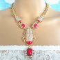 Gold plating metal bib statement beetle short choker necklace with glass stones and fuchsia enamel