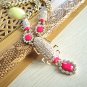 Gold plating metal bib statement beetle short choker necklace with glass stones and fuchsia enamel