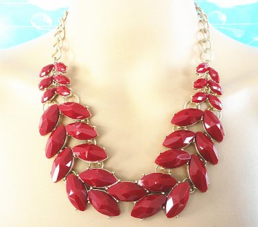 Gold and dark red geometric bib statement short chunky choker necklace