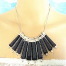 Rhodium and dark blue geometric bib statement short chunky choker necklace