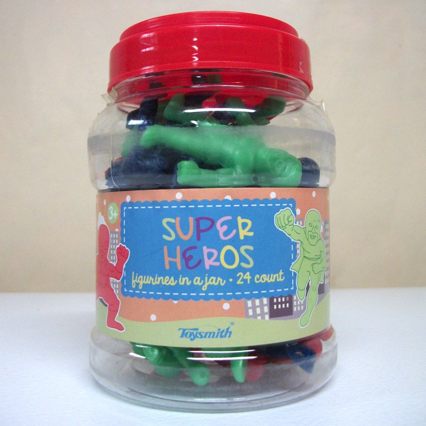 Super Heroes in a jar figurines 24 count new red green blue pvc 1.5" ko