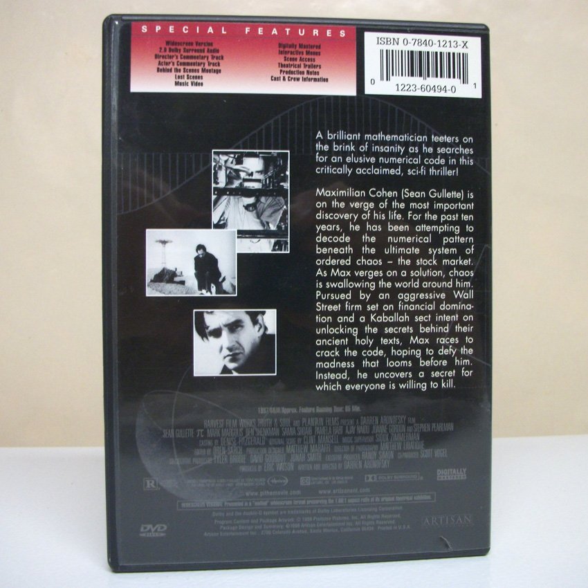 1998 Pi movie DVD Darren Aronofsky R sci-fi drama Artisan Entertainment
