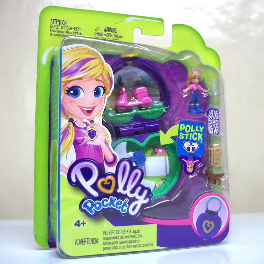 Polly Pocket purple heart compact park set scooter dog skateboard ...