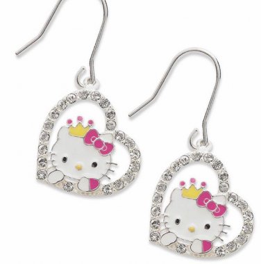 Hello Kitty Sterling Silver Drop Earrings Heart With Rhinestones