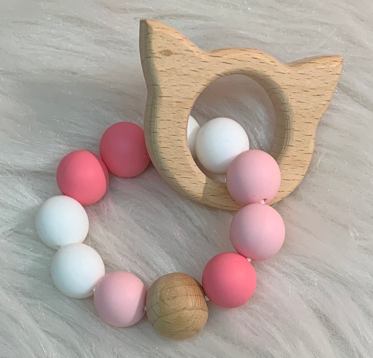 Baby Teether - CAT - Silicone & Wooden beads - Pink and White