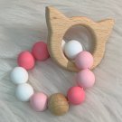 Baby Teether - CAT - Silicone & Wooden beads - Pink and White