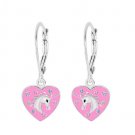 Crystal Pink Enamel Heart Unicorn Leverback Earrings