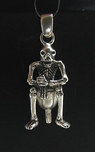 STERLING SILVER PENDANT SOLID 925 SKELETON ON TOILET NEW 3D FUNNY CHARM