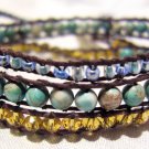 Blue and Gold Beaded Leather Wrap Bracelet