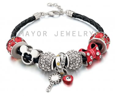 Authentic Chamilia Silver Black Leather Bracelet with Disney Charm Gift Set