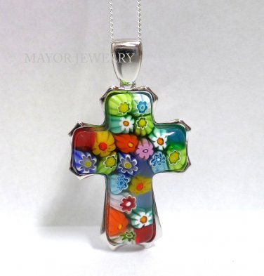 AUTHENTIC MURANO MILLACRELI MULTI COLOR CROSS PENDANT 8MP17802 BY ALAN K