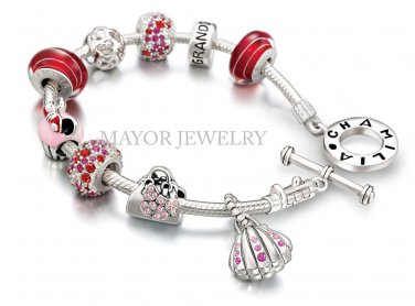 Authentic Chamilia Silver Toggle Bracelet with Disney Charm Bead Gift Set #7