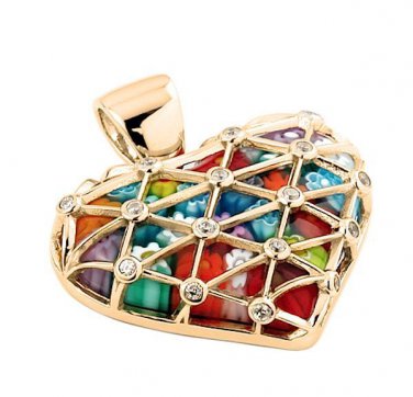 AUTHENTIC MURANO GOLD PLATED MILLEFIORI HEART AND CZ PENDANT 8MP1310 BY ALAN K