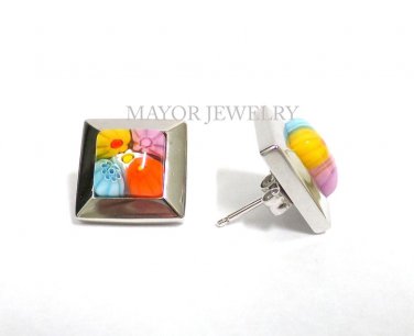 Authentic Millefiori Murano Sterling Silver Square Earring by Alan K 8MP221900