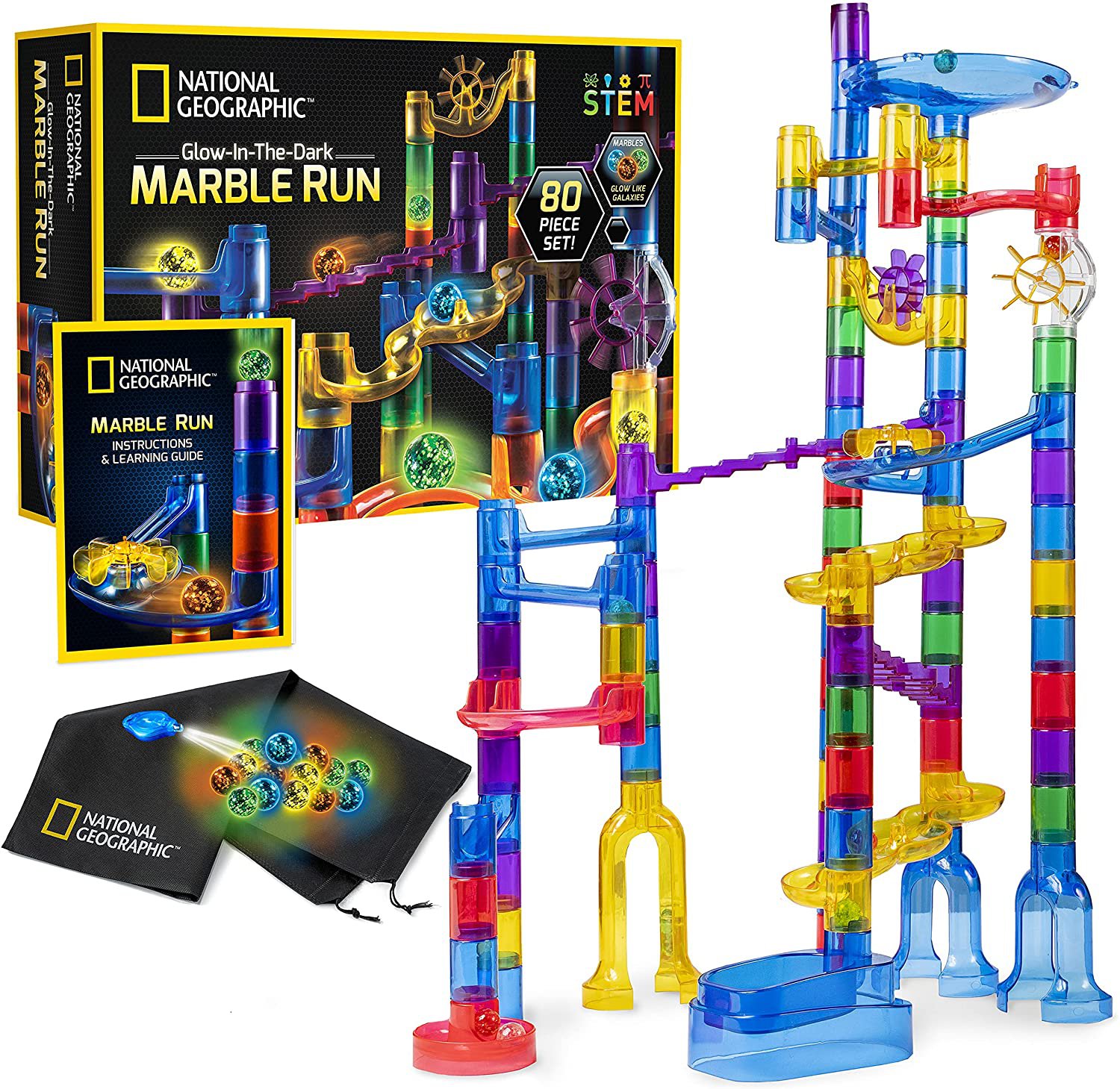 National Geographic Glowing Marble Run â�� 80 Piece Construction Set with 15 Glow