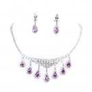 Silver Plate Rhinestone Purple Wedding Prom Necklace Earring set