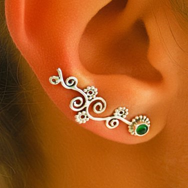 Silver Ear Cuff - Ear Climber - Climber Earrings - Gemstone Earrings - Green Onyx Ear Cuff