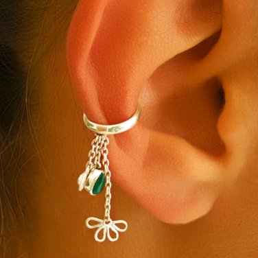 Silver Ear Cuff - Ear Wrap - Wrap Earrings - Gemstone Earrings - Onyx Ear Cuff