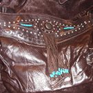 BROWN LEATHER SHOULDER BAG W/ TURQUOISE BEADS