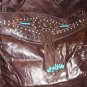 BROWN LEATHER SHOULDER BAG W/ TURQUOISE BEADS
