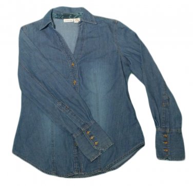 Womens Blue ST JOHNS BAY Long Sleeve Chico Denim Blouse Small 100% Cotton