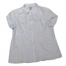 Womens Blue White Metallic FASHION BUG Stretch Button Front Blouse Large