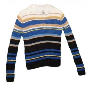 Womens Blue Brown White LIZ CLAIBORNE V Neck Sweater Small Petite