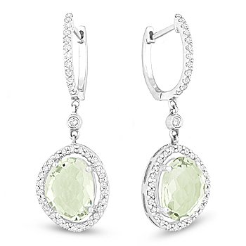 3.69ct Green Amethyst Round Cut Halo Diamond Dangling Earrings in 14k ...