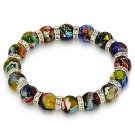 Lampwork Millefiori Glass Bead Faux Diamond & Crystal Beaded Stretch Bracelet
