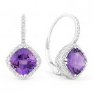 2.90ct Cushion Cut Amethyst & Diamond Leverback Dangling 14k White Gold Earrings