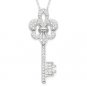 Key & Fleur De Lis Charm Pendant Cubic Zirconia CZ .925 Sterling Silver Necklace