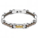 Tri-tone Stainless Gold-Plated Steel Link Cuff Greek Key Bracelet Men's Bangle
