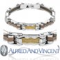 Tri-tone Stainless Gold-Plated Steel Link Cuff Greek Key Bracelet Men's Bangle
