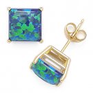 Peacock Blue Square Cabochon Opal 14k Solid Yellow Gold Stud Earrings 14kt Studs Peacock Blue Square Cabochon Opal 14k Solid Yellow Gold Stud Earrings 14kt Studs