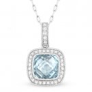 1.74ct Checkerboard Blue Topaz Diamond Halo Pave 14k White Gold Necklace Pendant 1.74ct Checkerboard Blue Topaz Diamond Halo Pave 14k White Gold Necklace Pendant